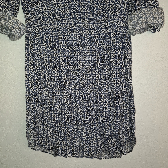 Loft blue geometric sundress Cinch waist long sleeve swing dress Medium - Picture 4 of 13